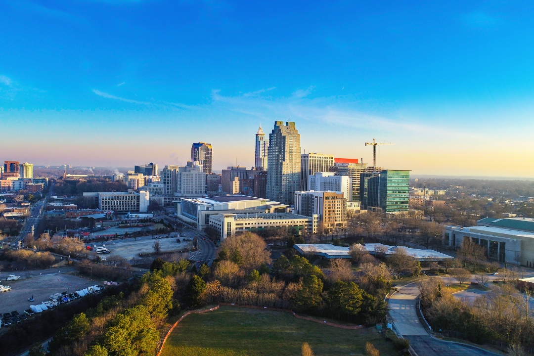 drone view over Raleigh North Carolina